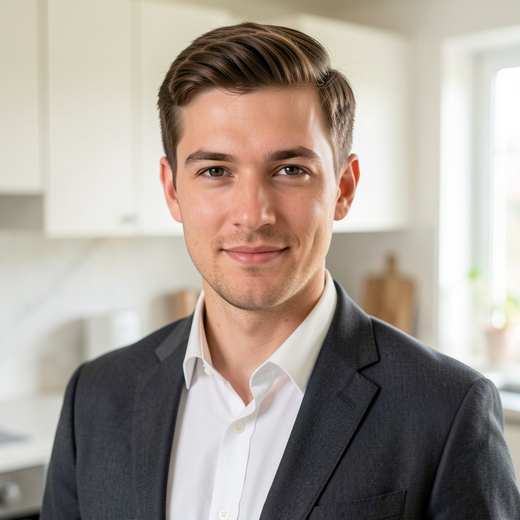 Küchenautorin an hellem Holztisch mit Notizbuch und Rezeptkarte, natürliches Seitenlicht, ruhige Studioatmosphäre