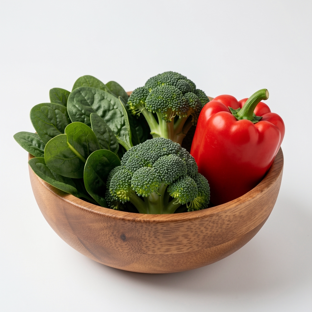 Verschiedene frische Gemüsesorten in einer Holzschüssel – Spinat, Brokkoli und Paprika, heller Untergrund