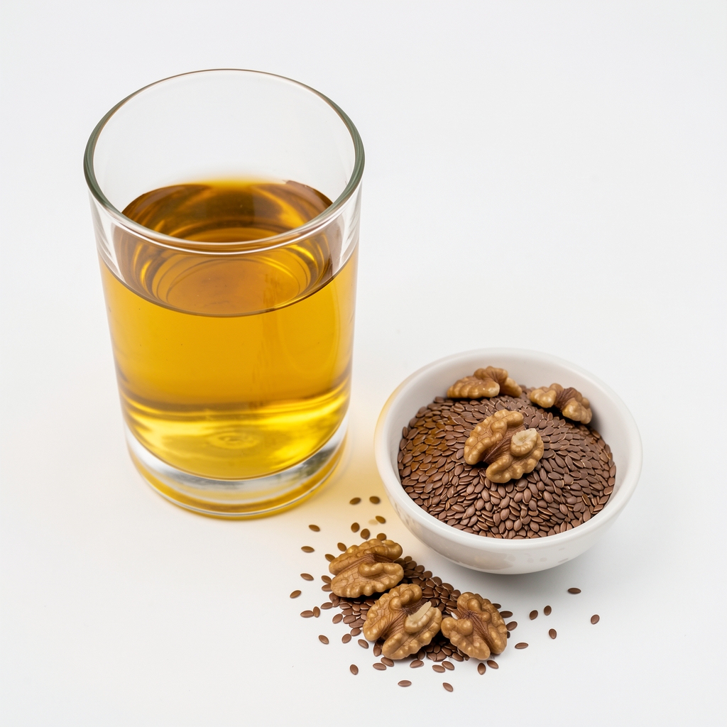 Glas mit Leinöl neben einer kleinen Schüssel Walnüsse und Leinsamen auf weißem Untergrund, Draufsicht
