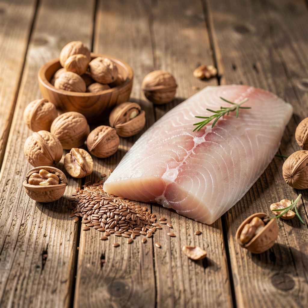 Frische Walnüsse, Leinsamenschale und Fischfilet auf rustikalem Holztisch, natürliches Seitenlicht