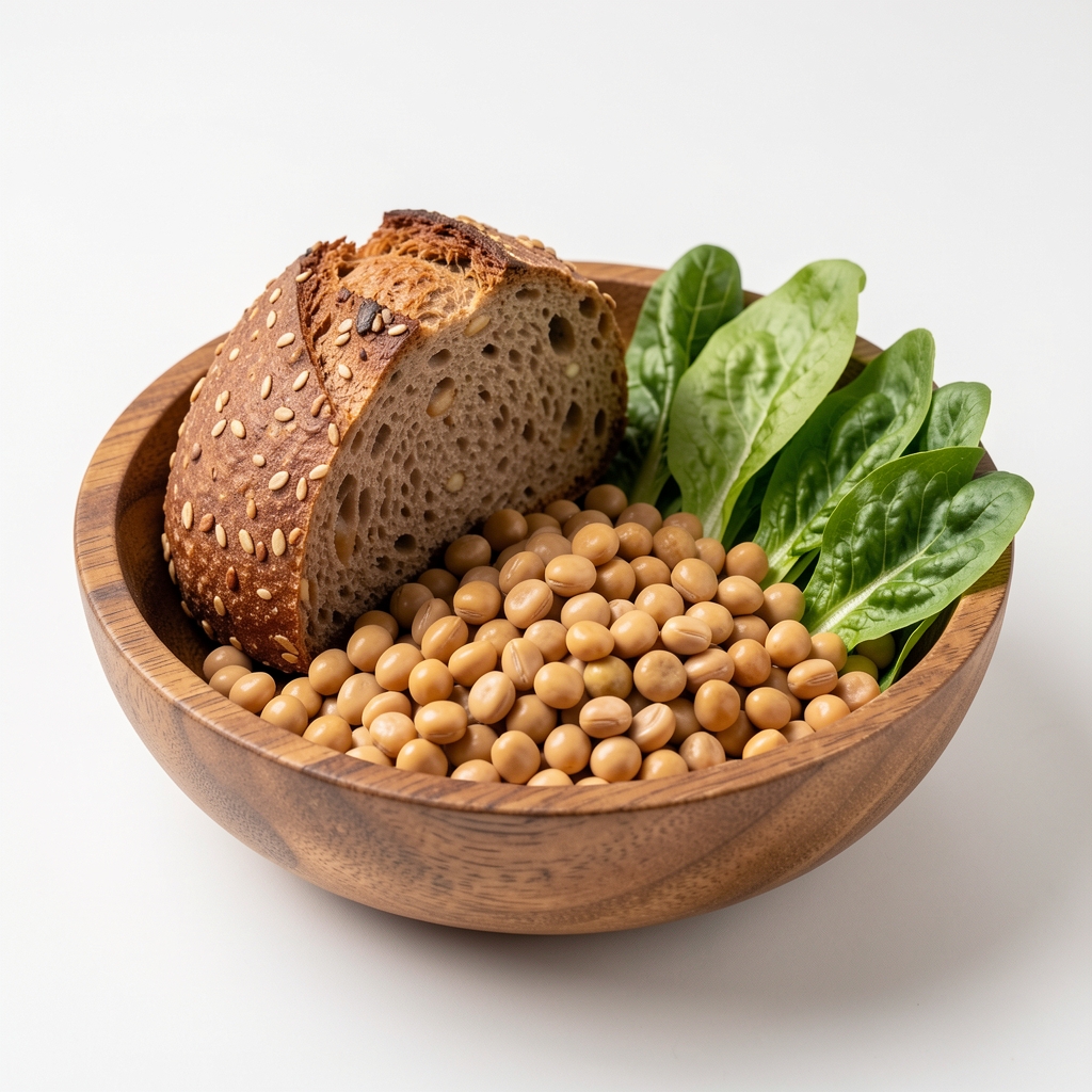 Vollkornbrot, Hülsenfrüchte und frisches Blattgemüse in einer Holzschale, heller Untergrund